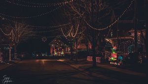 Preview wallpaper street, garlands, decorations, new year, christmas, dark