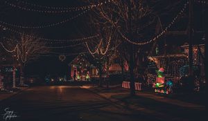 Preview wallpaper street, garlands, decorations, new year, christmas, dark