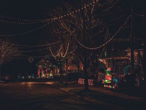 Preview wallpaper street, garlands, decorations, new year, christmas, dark