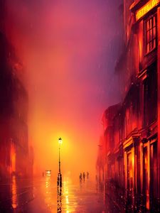 Preview wallpaper street, lamp, light, rain, buildings, art