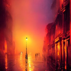 Preview wallpaper street, lamp, light, rain, buildings, art