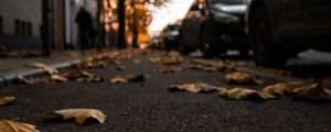 Preview wallpaper street, leaves, asphalt, city, autumn