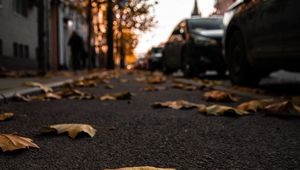 Preview wallpaper street, leaves, asphalt, city, autumn