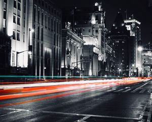 Preview wallpaper street, light, long exposure, night, asphalt, backlight