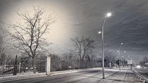 Preview wallpaper street, lights, fence, night, rain