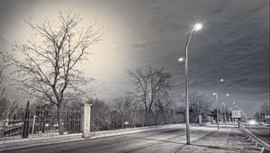 Preview wallpaper street, lights, fence, night, rain