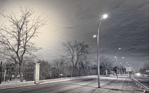 Preview wallpaper street, lights, fence, night, rain