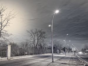 Preview wallpaper street, lights, fence, night, rain