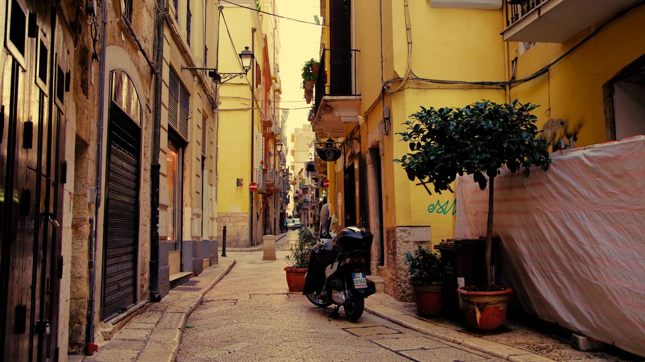 Wallpaper street, motorcycle, pavement, buildings, architecture