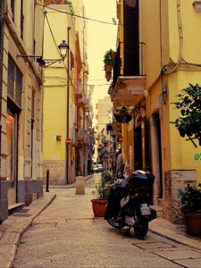 Preview wallpaper street, motorcycle, pavement, buildings, architecture