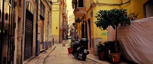 Preview wallpaper street, motorcycle, pavement, buildings, architecture