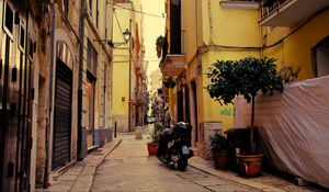 Preview wallpaper street, motorcycle, pavement, buildings, architecture