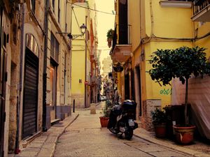 Preview wallpaper street, motorcycle, pavement, buildings, architecture