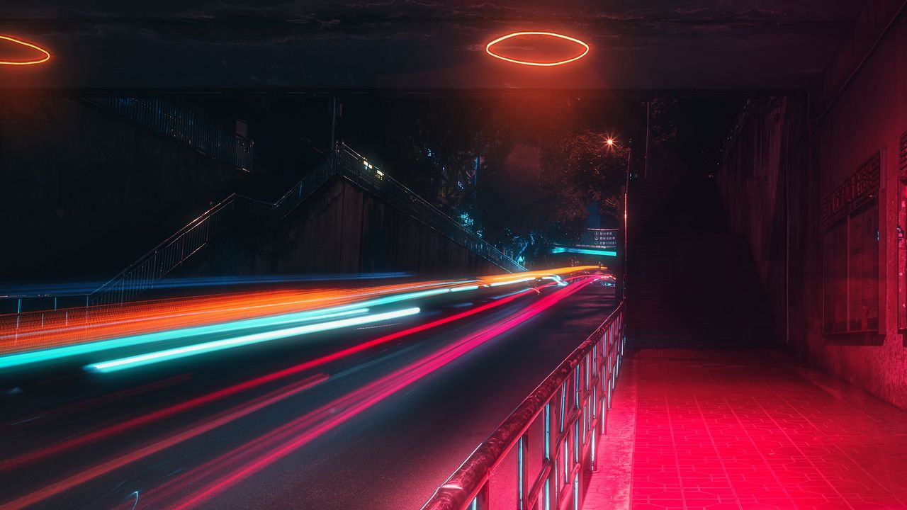 Wallpaper street, neon, lights, motion, long exposure, night