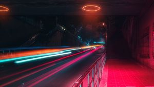 Preview wallpaper street, neon, lights, motion, long exposure, night