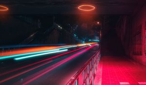 Preview wallpaper street, neon, lights, motion, long exposure, night