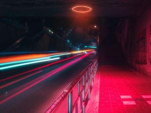 Preview wallpaper street, neon, lights, motion, long exposure, night