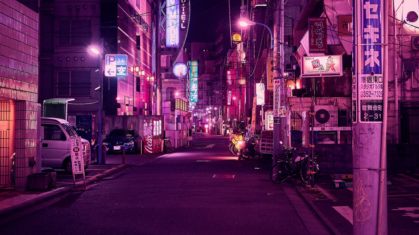 Download Wallpaper 1366x768 Street Neon Night City Backlight Purple Tokyo Tablet Laptop Hd Background