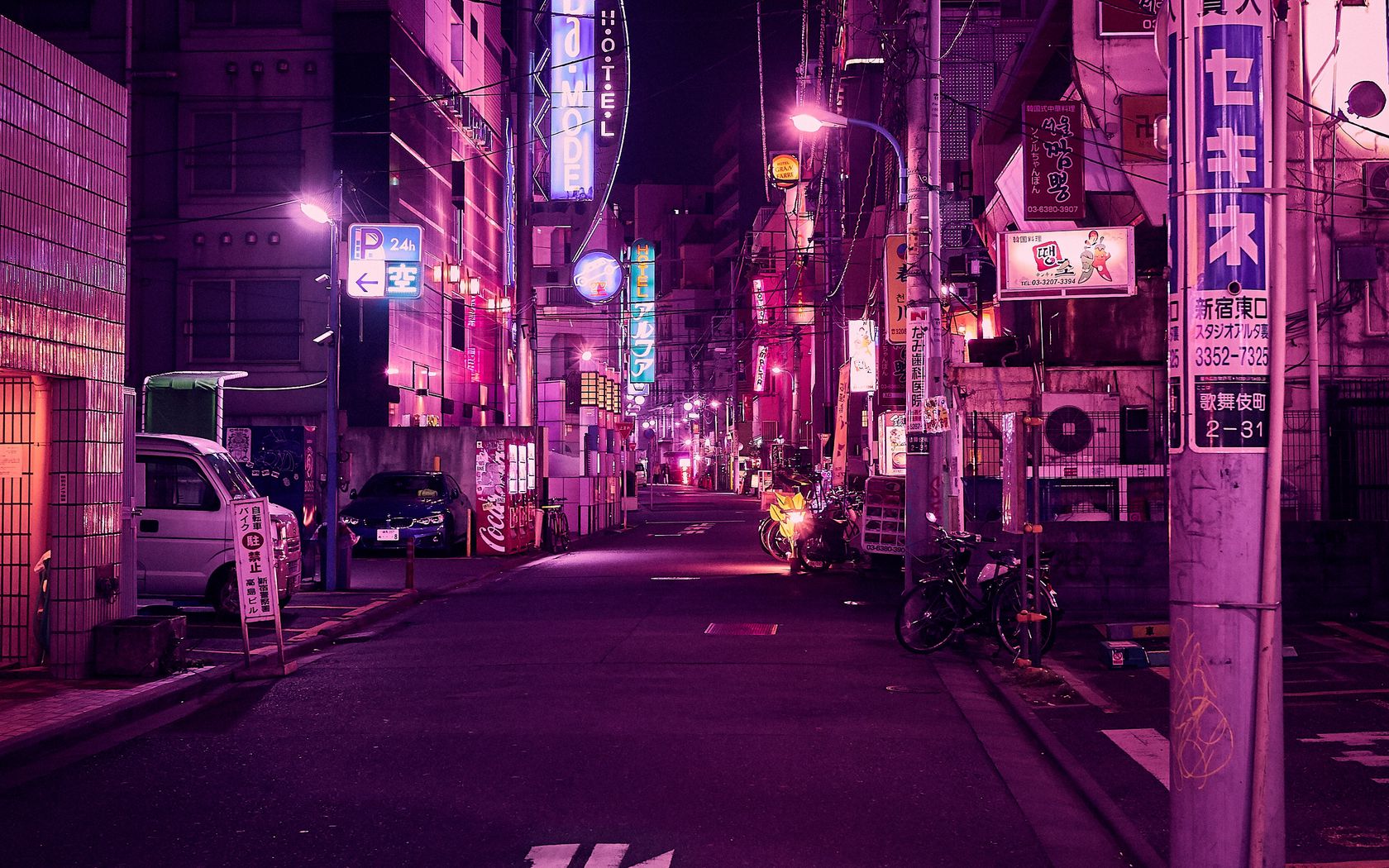 Download Wallpaper 1680x1050 Street, Neon, Night City, Backlight 