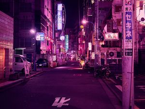 Preview wallpaper street, neon, night city, backlight, purple, tokyo