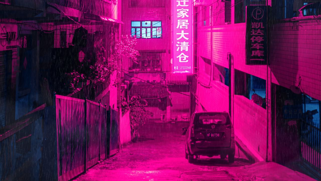 Wallpaper street, neon, rain, light, night
