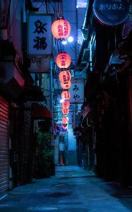 Preview wallpaper street, night, chinese lanterns, garlands, lights