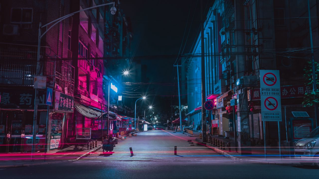 Wallpaper street, night city, neon, buildings