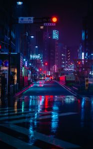 Preview wallpaper street, night city, neon, road, cars