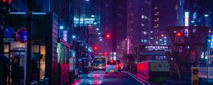 Preview wallpaper street, night city, neon, road, cars