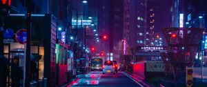 Preview wallpaper street, night city, neon, road, cars