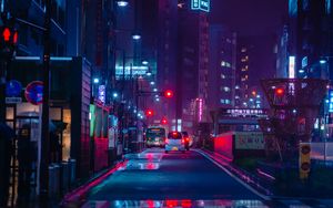 Preview wallpaper street, night city, neon, road, cars