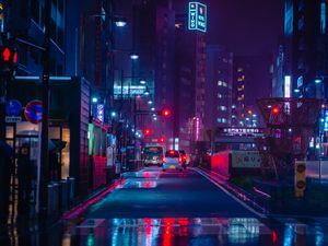 Preview wallpaper street, night city, neon, road, cars