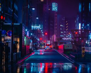 Preview wallpaper street, night city, neon, road, cars