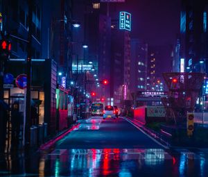 Preview wallpaper street, night city, neon, road, cars