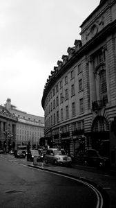 Preview wallpaper street, night, evening, black and white, building