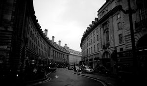 Preview wallpaper street, night, evening, black and white, building