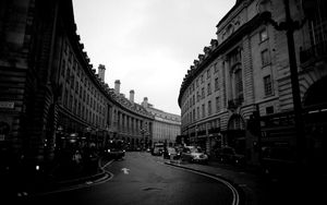 Preview wallpaper street, night, evening, black and white, building