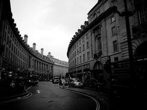 Preview wallpaper street, night, evening, black and white, building