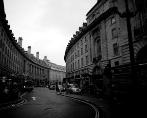 Preview wallpaper street, night, evening, black and white, building