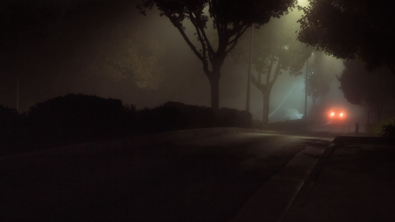 Wallpaper street, night, fog, car, lights