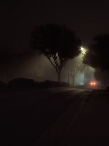 Preview wallpaper street, night, fog, car, lights