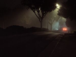 Preview wallpaper street, night, fog, car, lights