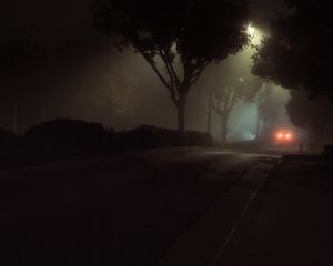 Preview wallpaper street, night, fog, car, lights