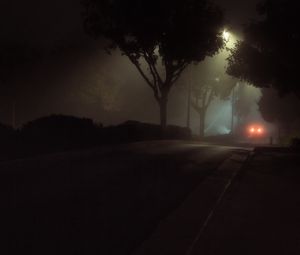 Preview wallpaper street, night, fog, car, lights