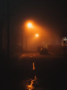 Preview wallpaper street, night, fog, light, mist