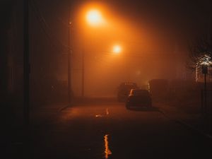 Preview wallpaper street, night, fog, light, mist