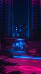 Preview wallpaper street, night, neon, light, city, buildings