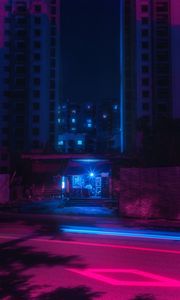 Preview wallpaper street, night, neon, light, city, buildings