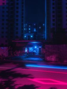 Preview wallpaper street, night, neon, light, city, buildings