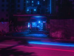 Preview wallpaper street, night, neon, light, city, buildings